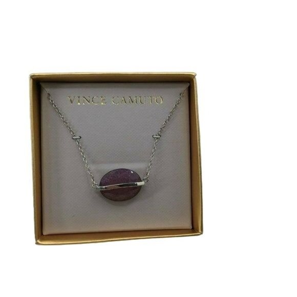 Vince Camuto Oblong Stone Bar Necklace Silver Tone Lilac Purple Stone 18" - Picture 2 of 3